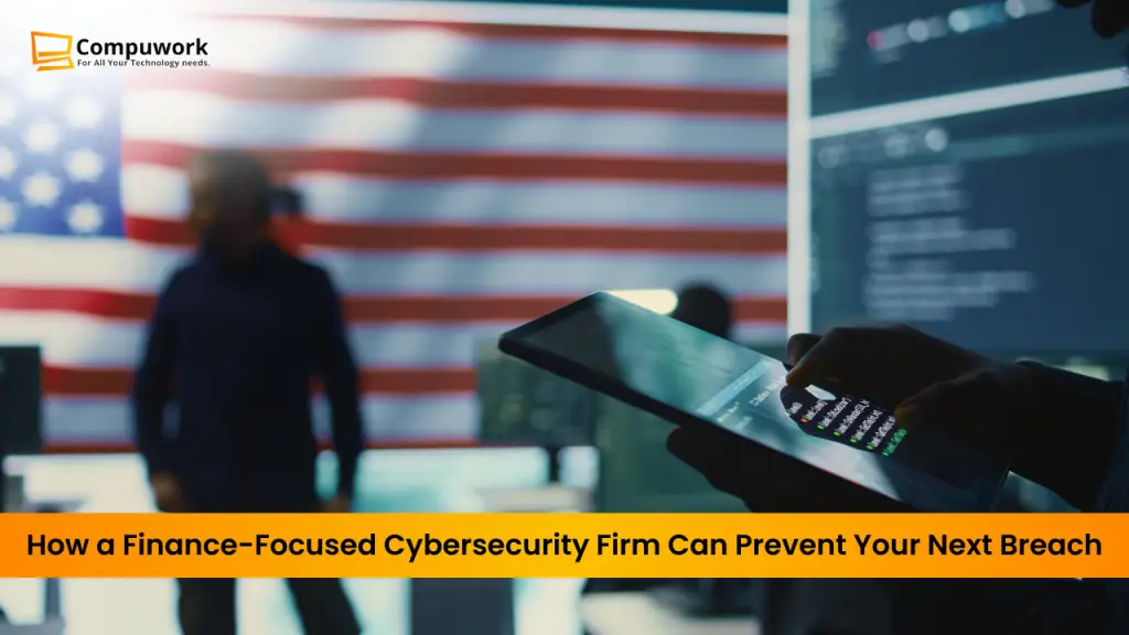 Cybersecurity professionals working with digital devices in a security operations center, with the U.S. flag in the background—representing a finance-focused cybersecurity firm in the US.
