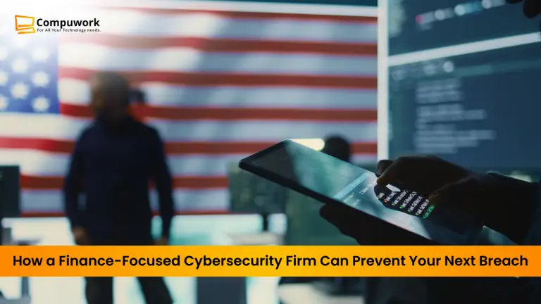 Cybersecurity professionals working with digital devices in a security operations center, with the U.S. flag in the background—representing a finance-focused cybersecurity firm in the US.