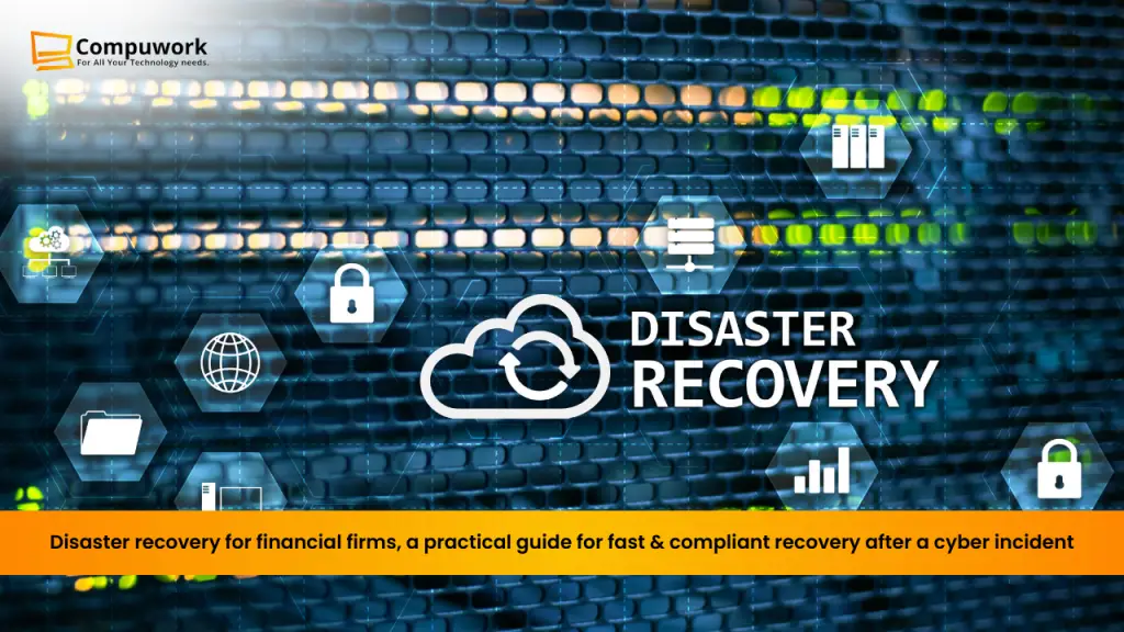 Disaster recovery for financial firms with secure cloud backup icons and data protection visuals.
