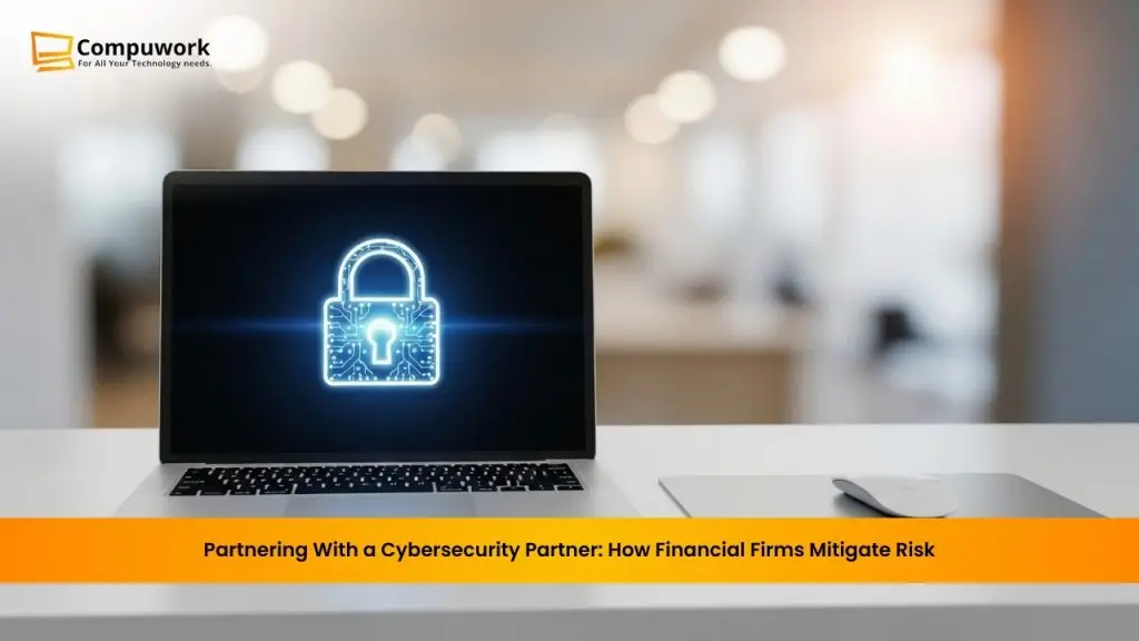 Laptop displaying a digital security lock icon, representing cybersecurity risk mitigation and data protection for financial services firms