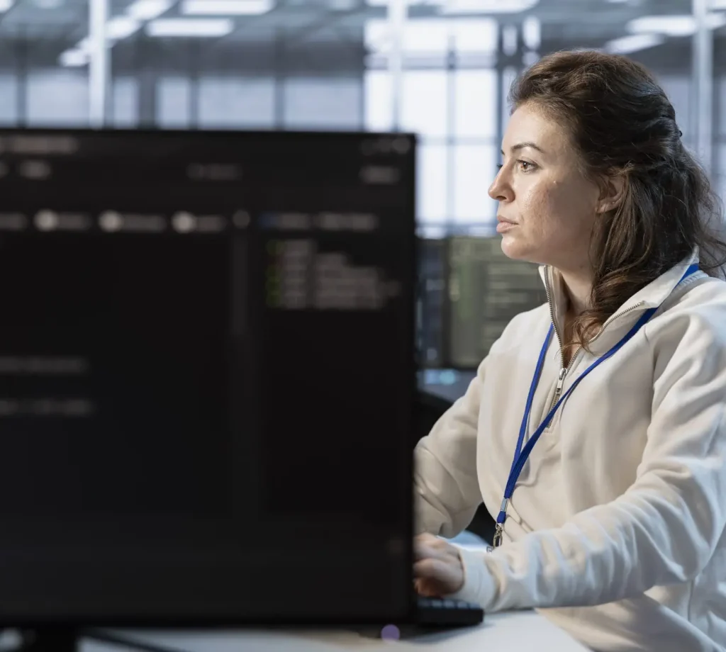 Computer scientist in server room implementing power management solutions to reduce energy consumption. Woman using PC, integrating new technologies and systems in data center